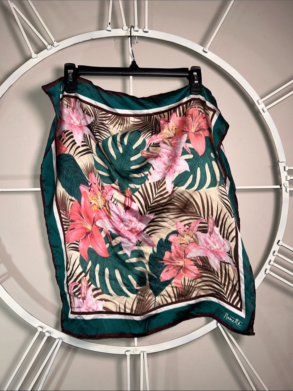 Nanette Lepore Tropical Floral Silk Scarf - Teal, Pink, Cream